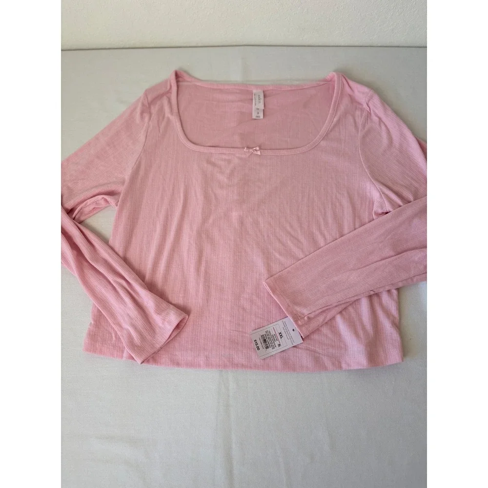 Auden Pink Ribbed Pajama Set Long Sleeve Top Lace Trim Shorts‎ XXL new